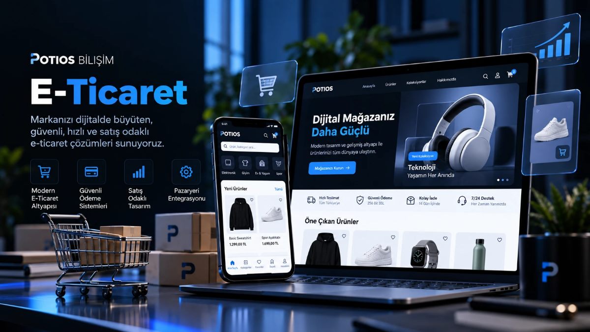 Potios Bilişim e-ticaret: dizüstü bilgisayarda ve telefonda ürün listeleyen bir online mağaza tasarımı