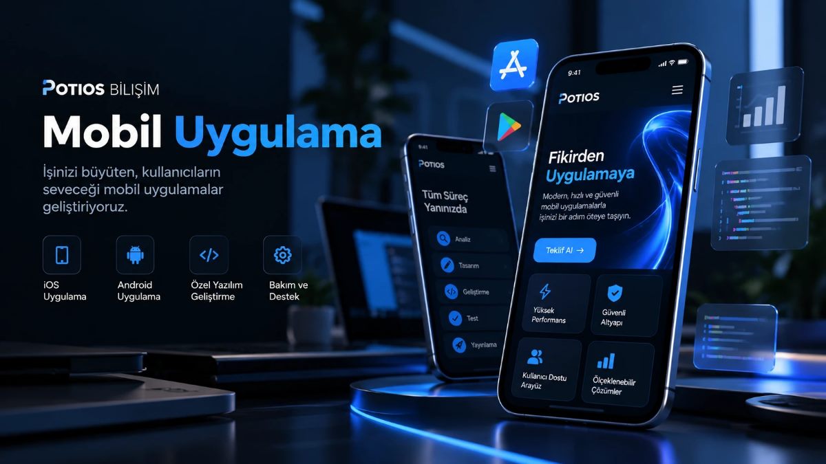 Potios Bilişim mobil uygulama geliştirme: iOS ve Android için tasarlanmış uygulama ekranları